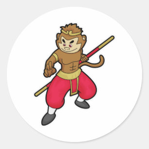 Een aap als Warrior met personeel en hoofdband Ronde Sticker