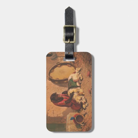 Een aap en een hond met een grote tamboerijn bagagelabel (Voorkant verticaal)