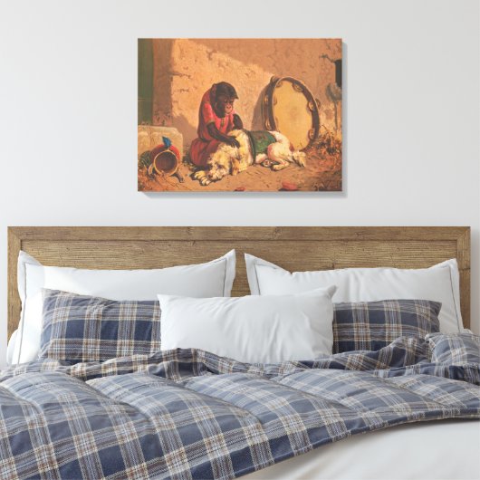 Een aap en een hond met een grote tamboerijn canvas afdruk (Insitu (Slaapkamer))