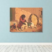 Een aap en een hond met een grote tamboerijn canvas afdruk (Insitu (Houten vloer))