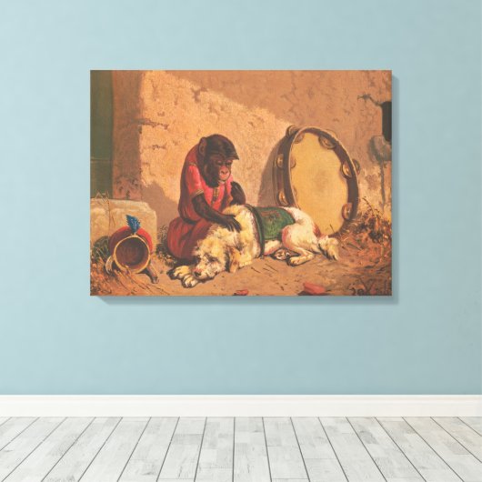Een aap en een hond met een grote tamboerijn canvas afdruk (Insitu (Houten vloer))