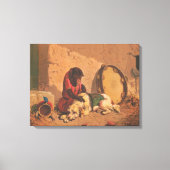 Een aap en een hond met een grote tamboerijn canvas afdruk (Voorkant)