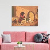 Een aap en een hond met een grote tamboerijn canvas afdruk (Insitu (Woonkamer))