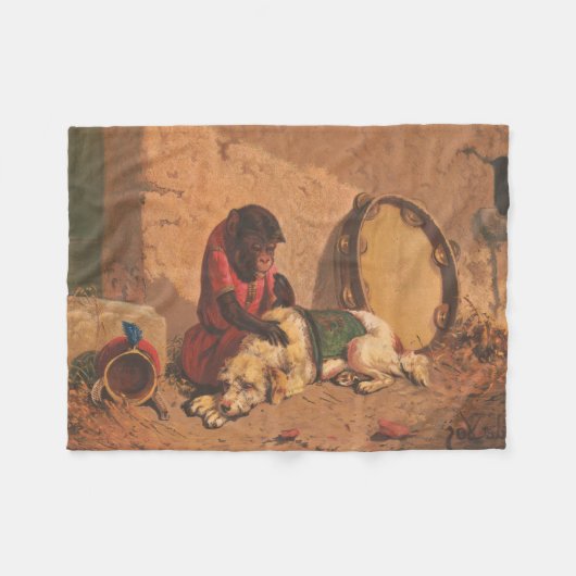 Een aap en een hond met een grote tamboerijn fleece deken (Voorkant (Horizontaal))