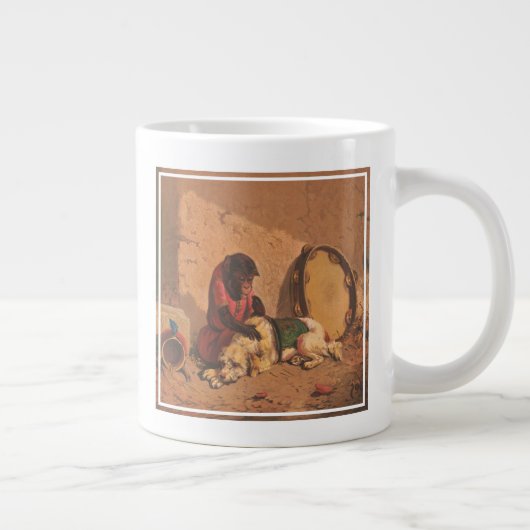 Een aap en een hond met een grote tamboerijn grote koffiekop (Rechts)