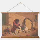 Een aap en een hond met een grote tamboerijn hangend wandkleed (Voorkant)