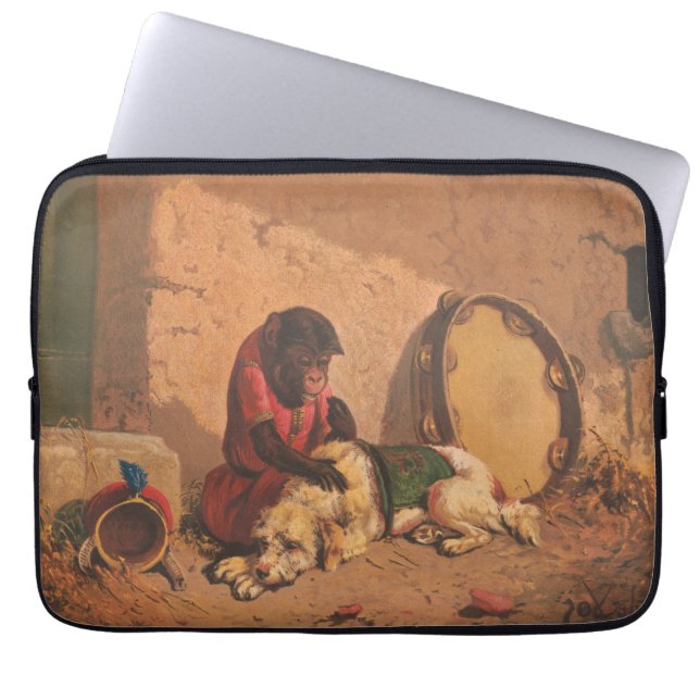Een aap en een hond met een grote tamboerijn laptop sleeve (Voorkant)