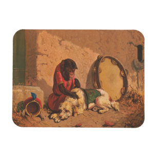 Een aap en een hond met een grote tamboerijn magneet