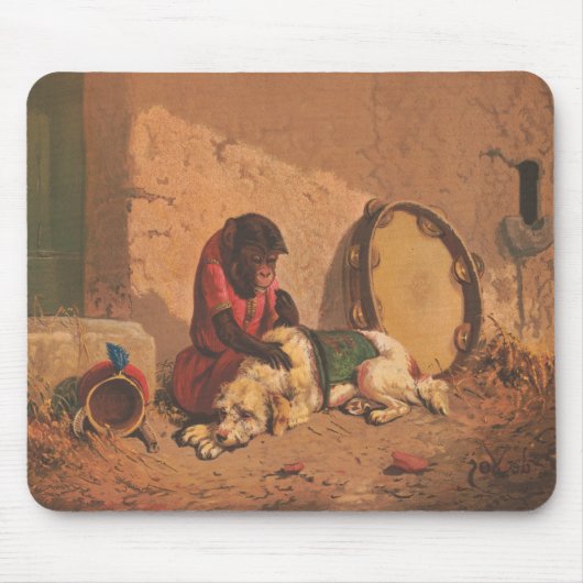 Een aap en een hond met een grote tamboerijn muismat (Voorkant)