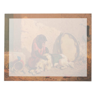 Een aap en een hond met een grote tamboerijn notitieblok