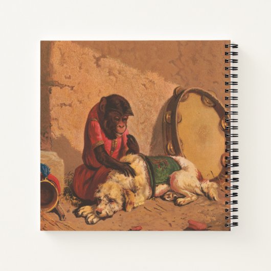 Een aap en een hond met een grote tamboerijn notitieboek (Achterkant)