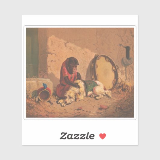 Een aap en een hond met een grote tamboerijn sticker (Vel)