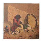 Een aap en een hond met een grote tamboerijn tegeltje (Voorkant)