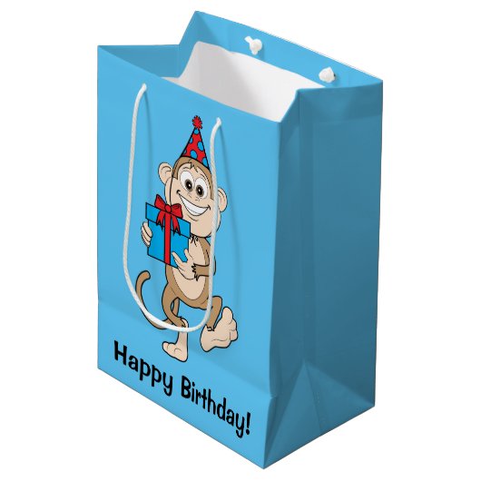 Een aap met Cadeau Happy Birthday. Medium Cadeauzakje (Voorkant Gekanteld)