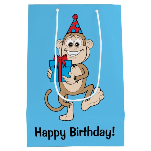 Een aap met Cadeau Happy Birthday. Medium Cadeauzakje (Achterkant)
