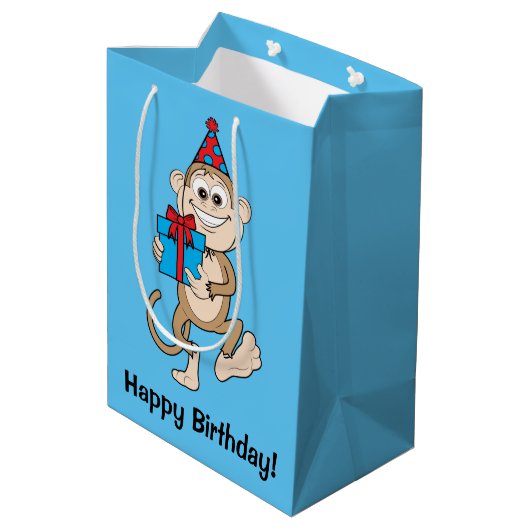 Een aap met Cadeau Happy Birthday. Medium Cadeauzakje (Achterkant Gekanteld)