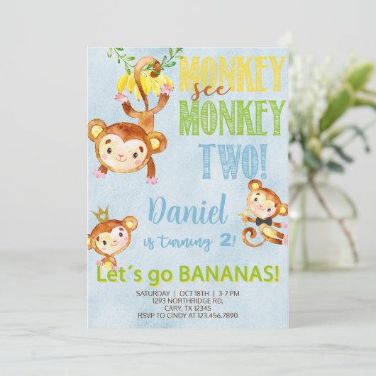 Een aap ziet een aap van twee jaar, een verjaardag kaart (Staand voorkant)