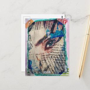 Een abstract collage van gemengde media met een ge briefkaart