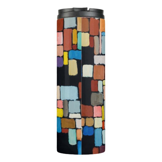 Een abstract schilderij; geometrische vormen in ee thermosbeker (Achterkant)