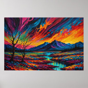 Een Abstract schilderij van een zonsondergang Poster