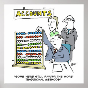 Een accountant die een abacus op het werk gebruikt poster