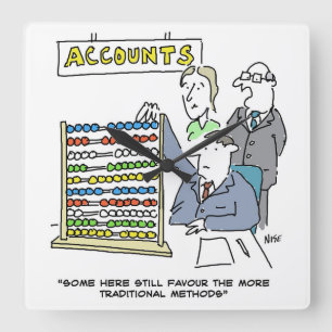 Een accountant die een abacus op het werk gebruikt vierkante klok