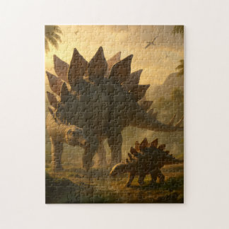 Een adellijke volwassen Stegosaurus die zijn jonge Legpuzzel