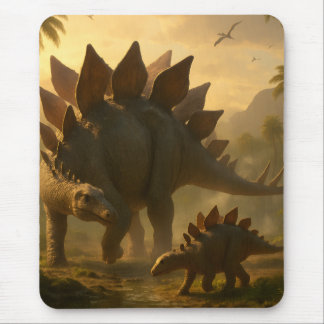 Een adellijke volwassen Stegosaurus die zijn jonge Muismat