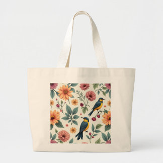 Een afbeelding van  bloemen en vogels grote tote bag
