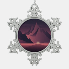 Een afbeelding van de bergzonsondergang tin sneeuwvlok ornament