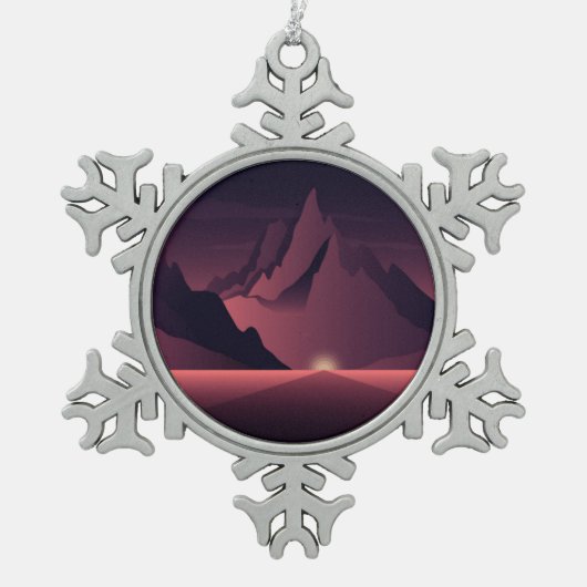 Een afbeelding van de bergzonsondergang tin sneeuwvlok ornament (Voorkant)