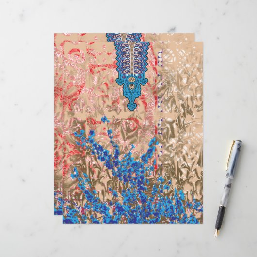 Een afbeelding van een blauw en beige sjaal (Voorkant / Achterkant in situ)