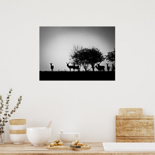 Een afbeelding van een hert in de ochtend mist poster (Keuken)