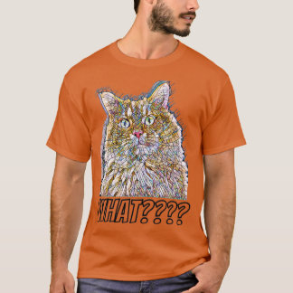 Een afbeelding van een kat met een verraste blik i t-shirt