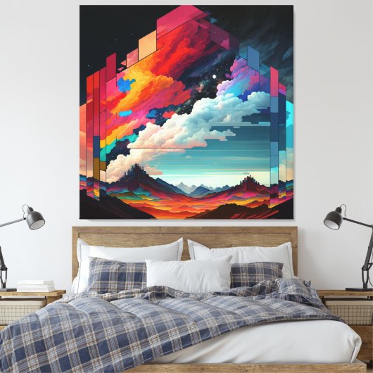 Een afbeelding van een kleurrijke hemel met een be canvas afdruk (Insitu (Slaapkamer))