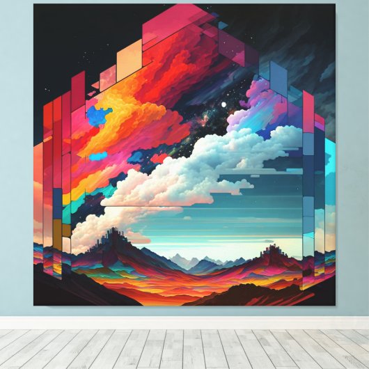 Een afbeelding van een kleurrijke hemel met een be canvas afdruk (Insitu (Houten vloer))