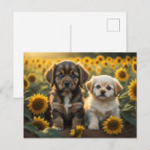 Een afbeelding van twee puppies in zonnebloemen ve briefkaart (Voorkant / Achterkant)