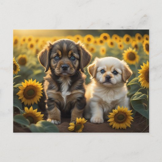 Een afbeelding van twee puppies in zonnebloemen ve briefkaart (Voorkant)