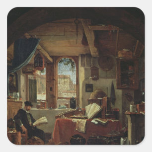 Een alchemist in zijn laboratorium vierkante sticker