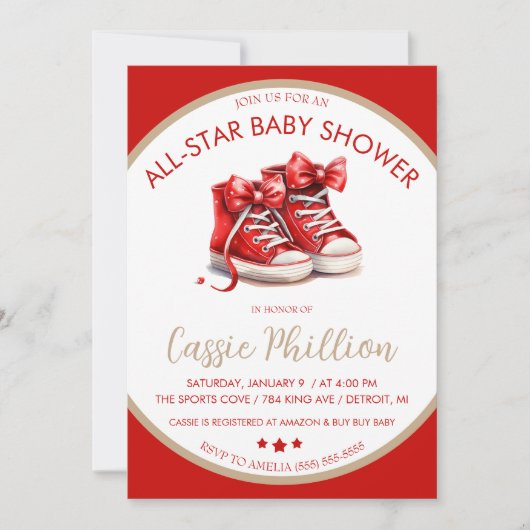 Een all-star Baby shower, rode hoge top Sneakers Kaart (Voorkant)
