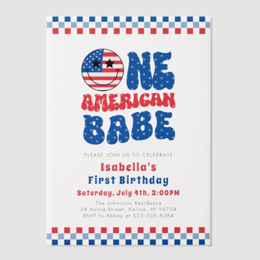 Één Amerikaanse Babe 4th van Juli Eerste Verjaarda Vellum Uitnodigingen (Voorkant)