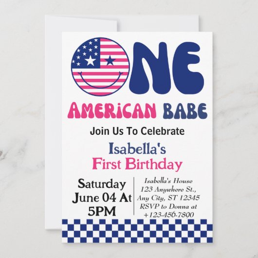 Één Amerikaanse Babe 4th van Juli Meisje 1st Verja Kaart (Voorkant)