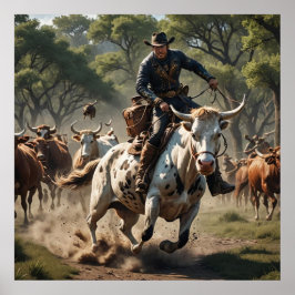 Een Amerikaanse cowboy rijdende stier Poster