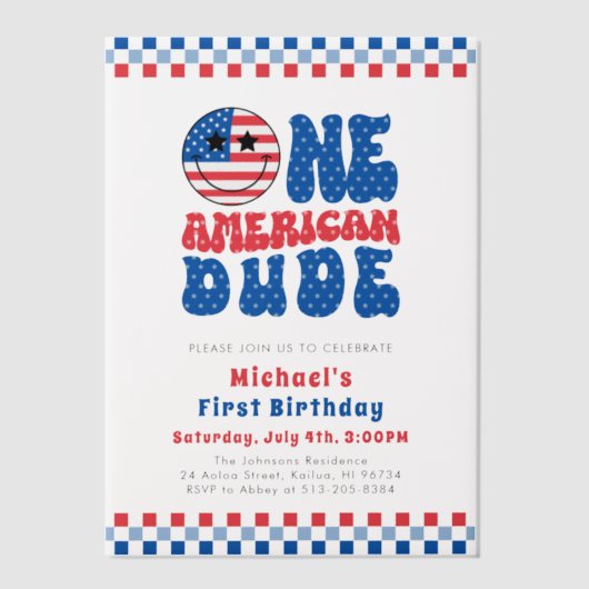 Een Amerikaanse Dude 4 juli Eerste Verjaardag Vellum Uitnodigingen (Voorkant)