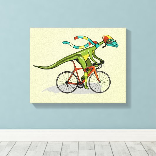 Een Anabisetia dinosaurus op de fiets. Canvas Afdruk (Insitu (Houten vloer))