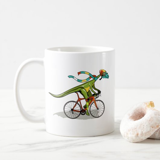 Een Anabisetia dinosaurus op de fiets. Koffiemok (Met donut)