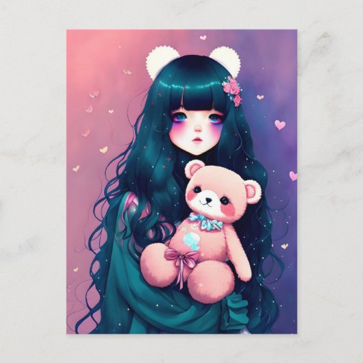 Een Anime Girl met een Teddy Bear, Postkruising Briefkaart (Voorkant)