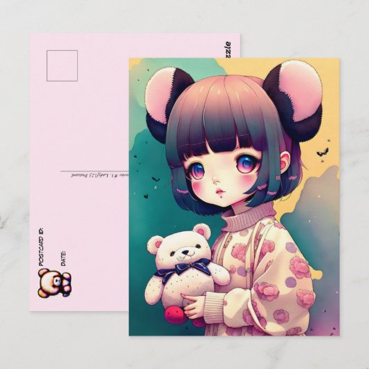 Een Anime Girl met een Teddy Bear, Postkruising Briefkaart (Voorkant / Achterkant)