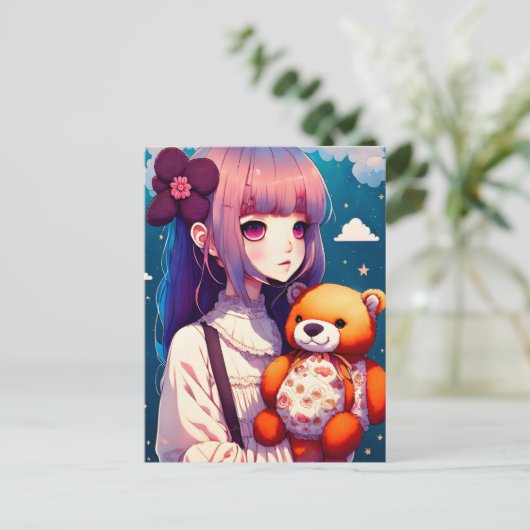 Een Anime Girl met een Teddy Bear, Postkruising Briefkaart (Staand voorkant)