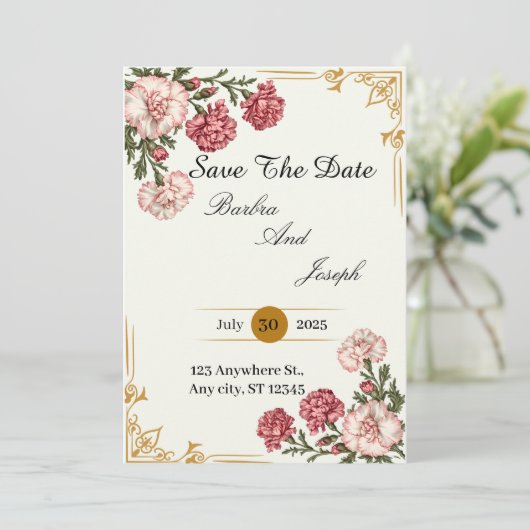 Een anjer van liefde save the date (Staand voorkant)